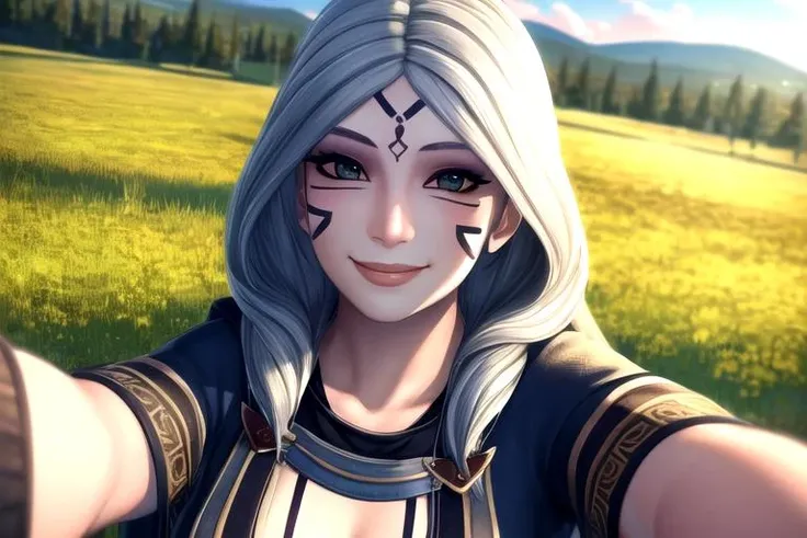 <lora:swtorgirlsrepublic:0.8> 1girl, (nadiagrell), facial tattoos, selfie, smiling, looking at viewer