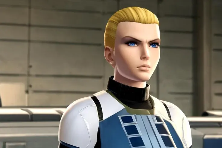 <lora:swtorgirlsrepublic:0.8> elaradorne, blue eyes, 1girl, solo, blonde, military uniform, standing at attention,upper body,serious face