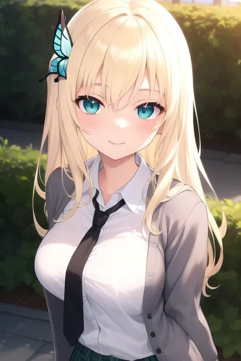 ((masterpiece)),(best quality),official art,extremely delicate and beautiful,extremely detailed CG,unity 8k wallpaper,ultra detailed,beautiful detailed eyes,extremely detailed face,outdoors,1girl,solo,upper body,(portrait:1.5),looking at viewer,facing viewer,smile,Kashiwazaki Sena,very long hair,blonde hair,butterfly hair ornament,hair between eyes,parted bangs,aqua eyes,st. chronica academy school uniform,grey cardigan,black necktie,collared shirt,white shirt,large breasts,skindentation,miniskirt,green skirt,plaid skirt,pleated skirt,frilled skirt,black socks,loafers,<lora:Kashiwazaki Sena(idhmf)>,