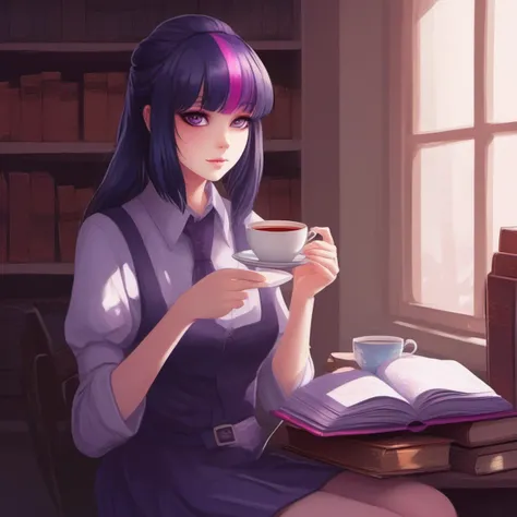 a [cute|stunning] (anime) [woman|girl] twiggy in a library drinking a cup of tea,  gorgeous, majestic, beautiful, cute, (art by Alena Aenami), (art by Beeple), masterpiece, professional, intricate detail, countershading, beautiful, Refined, trending on pixiv, keyart, denoise, sharp focus <lora:twiggyxlv3:1> ~*~aesthetic~*~, *~cinematic~*~, detailed pupils, purple anime eyes, purple hair with a pink stripe in the middle