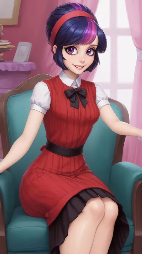 masterpiece,best quality,solo,1girl,smile,looking at viewer,sitting,chair,(red dress),fireplace,(a stunning woman twiggy wearing a red christmas costume),purple eyes,purple hair with a pink stripe,vibrant colors,gorgeous,majestic,intricate detail,countershading,beautiful,Refined,denoise,sharp focus,<lora:twiggyxlv3:1>,(top quality, best quality, official art, beautiful and aesthetic:1.2),extremely detailed,colorful,