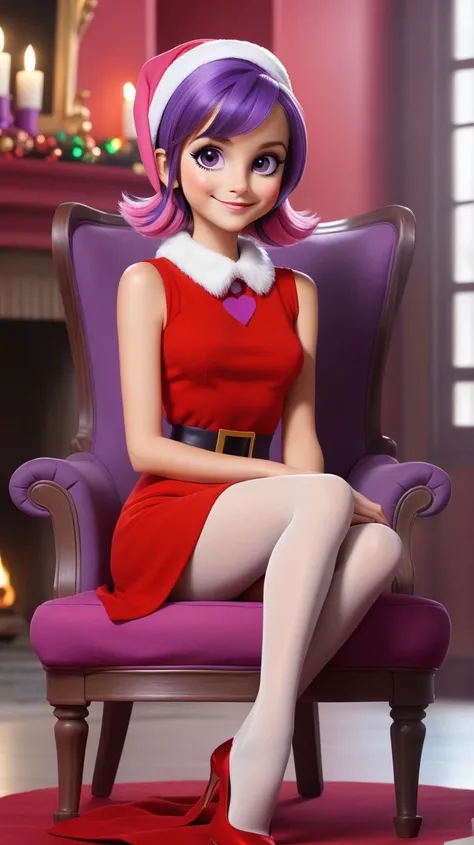 (masterpiece:1.1),(best quality:1.1),solo,1girl,smile,looking at viewer,sitting,chair,red dress,fireplace,(twiggy wearing a red christmas costume),purple eyes,purple hair with a pink stripe,vibrant colors,<lora:twiggyxlv3:0.3>,