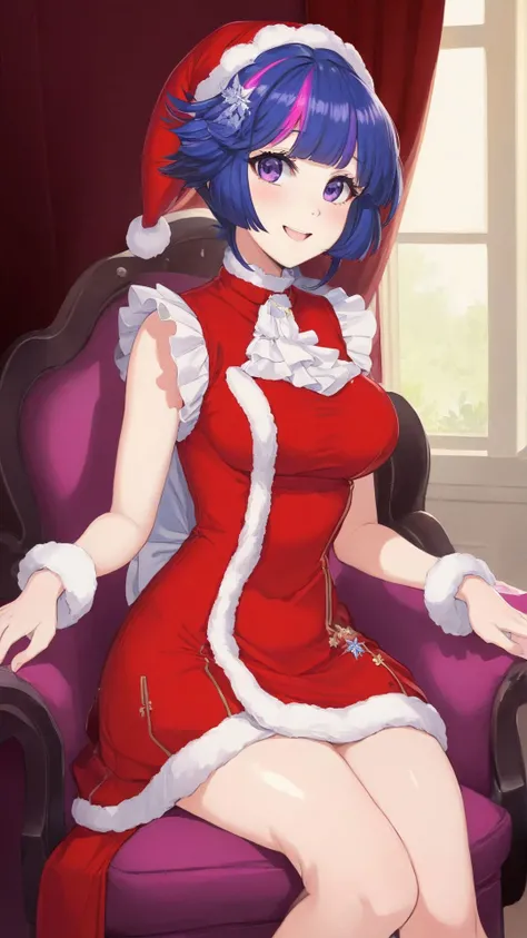 Christmas,(((completely naked))),red gloves, smiling,blue hairs, close up, extremely detailed face,sitting, spreading legs, red boots