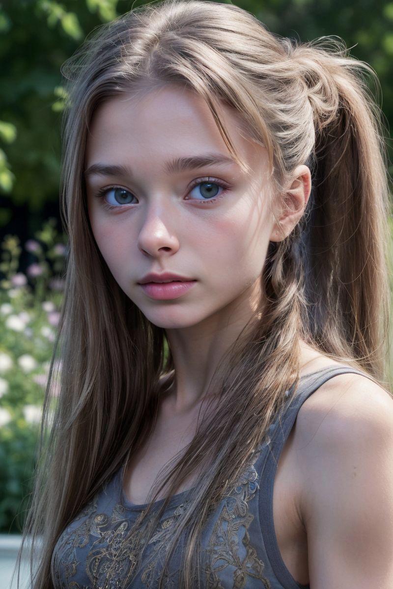 A close up of a young girl with long hair and a ponytail - SeaArt AI