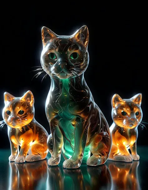 tranxp, glas, translucent glass cat sitting, product shot,organs,ambr1,dark jade water waves,