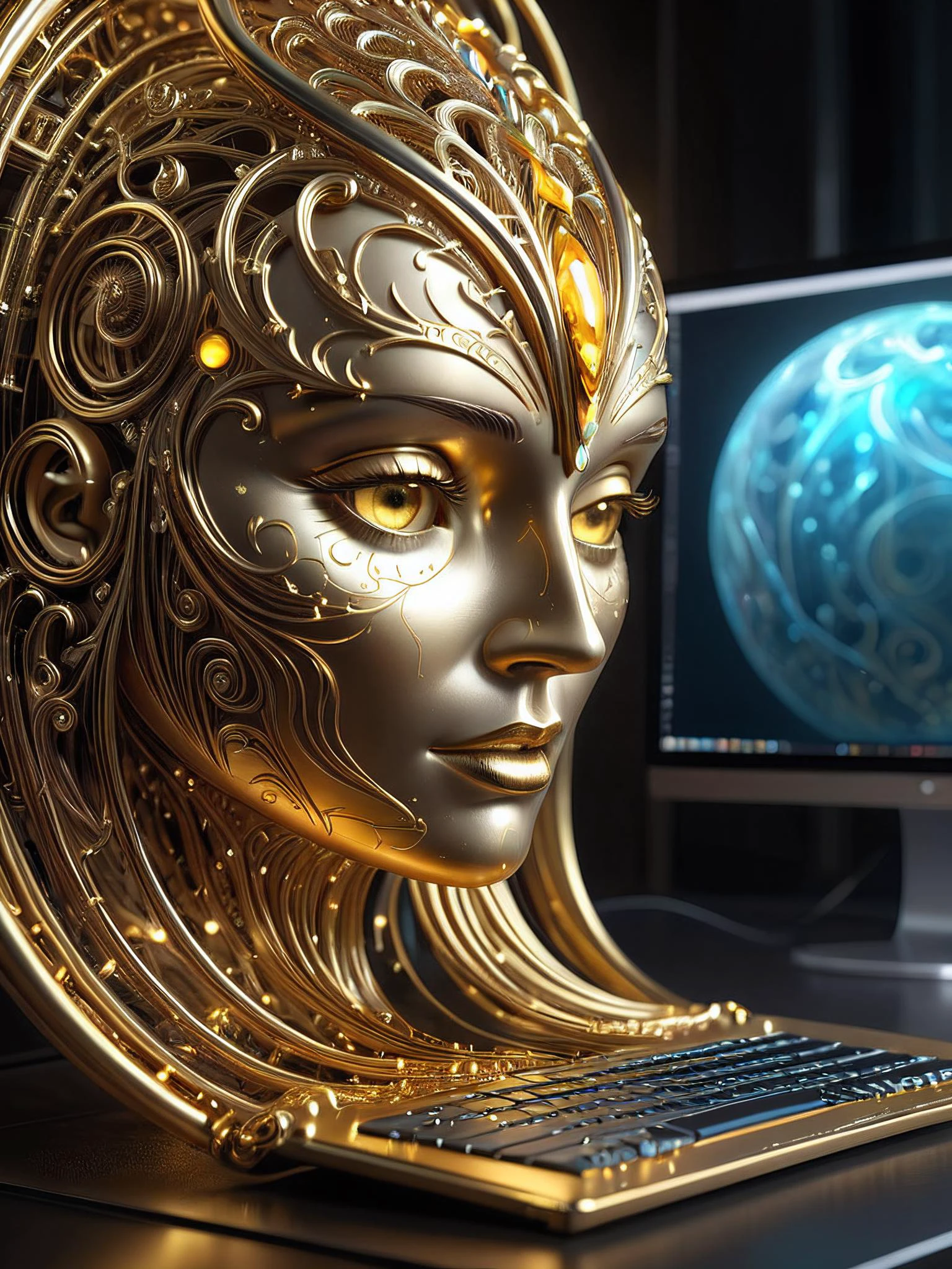ethereal fantasy concept art of masterpiece, best quality, RAW macro photo of (crying face on a computer monitor, monitor made from ornate gold filigree bending to form 2d shapes, golden tears, crying, emotional) <lora:sdxl_++:0.3> SDS_Particle_Flow <lora:tranzp:0.3> tranzp <lora:GlassDevice:0.6> glassdevice style, close up, camera, machine, light inside, glass sphere, metal object, light bulb, electronic device, dark room, computer inside <lora:Chrome_Tech_XL:0.3> chrometech . magnificent, celestial, ethereal, painterly, epic, majestic, magical, fantasy art, cover art, dreamy, luminous reflections, rtx on, subsurface scattering, dynamic hdr tone mapping, volumetric lighting, screenspace reflection, Physically-Based Rendering