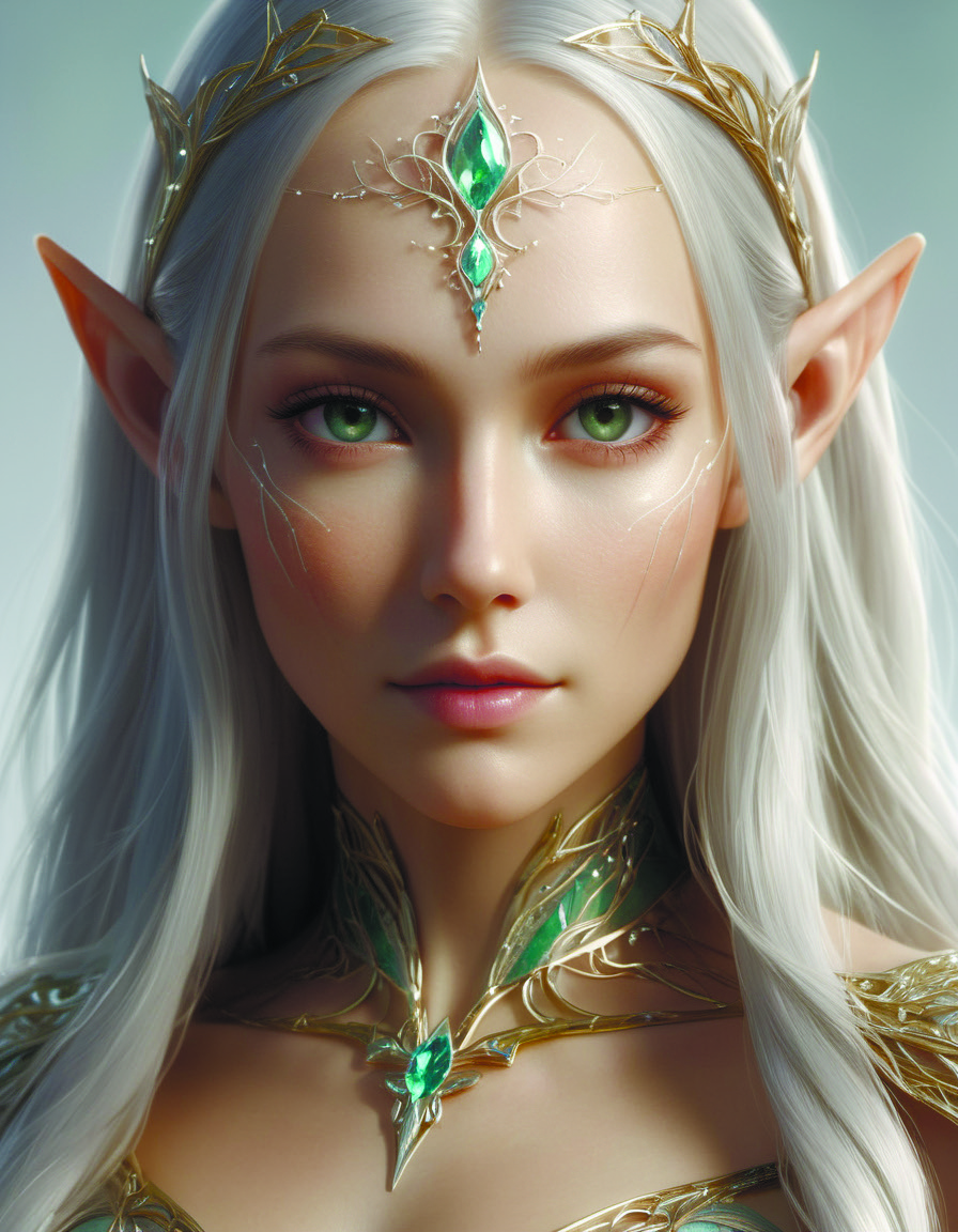 A woman with white hair and green eyes wearing a green dress - SeaArt AI