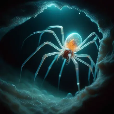 incredible close up of cave spiders nesting within glowing bioluminescent underground plant life
<lora:tranzp:1>, tranzp