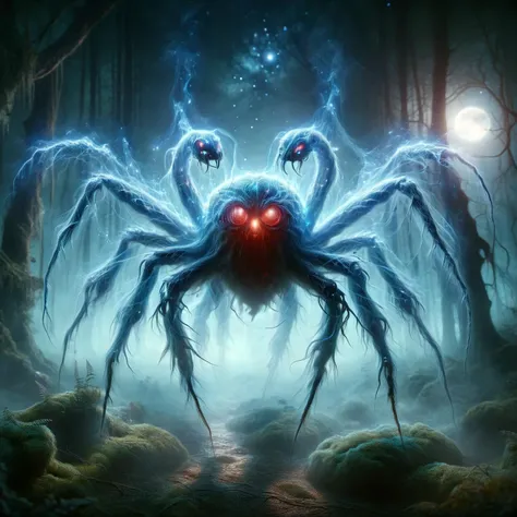 ral-mythcr, a celestial spider creature with a body that glows like a starry night sky. Its webs are spun from silver threads that shimmer with constellations, creating ethereal traps that sparkle in the moonlight in a mystical forest,tranzp,GhostlyStyle,<lora:SDXLGhostStyle:0.6>,<lora:ral-mythcr:1>,<lora:tranzp:0.8>