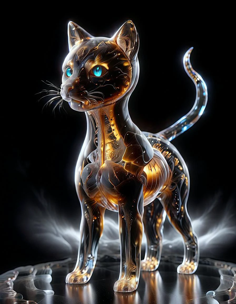 tranxp, glas, translucent glass cat standing, product shot,organs,ambr1,dark onyx water waves,(detailed marble eyes:1.05),