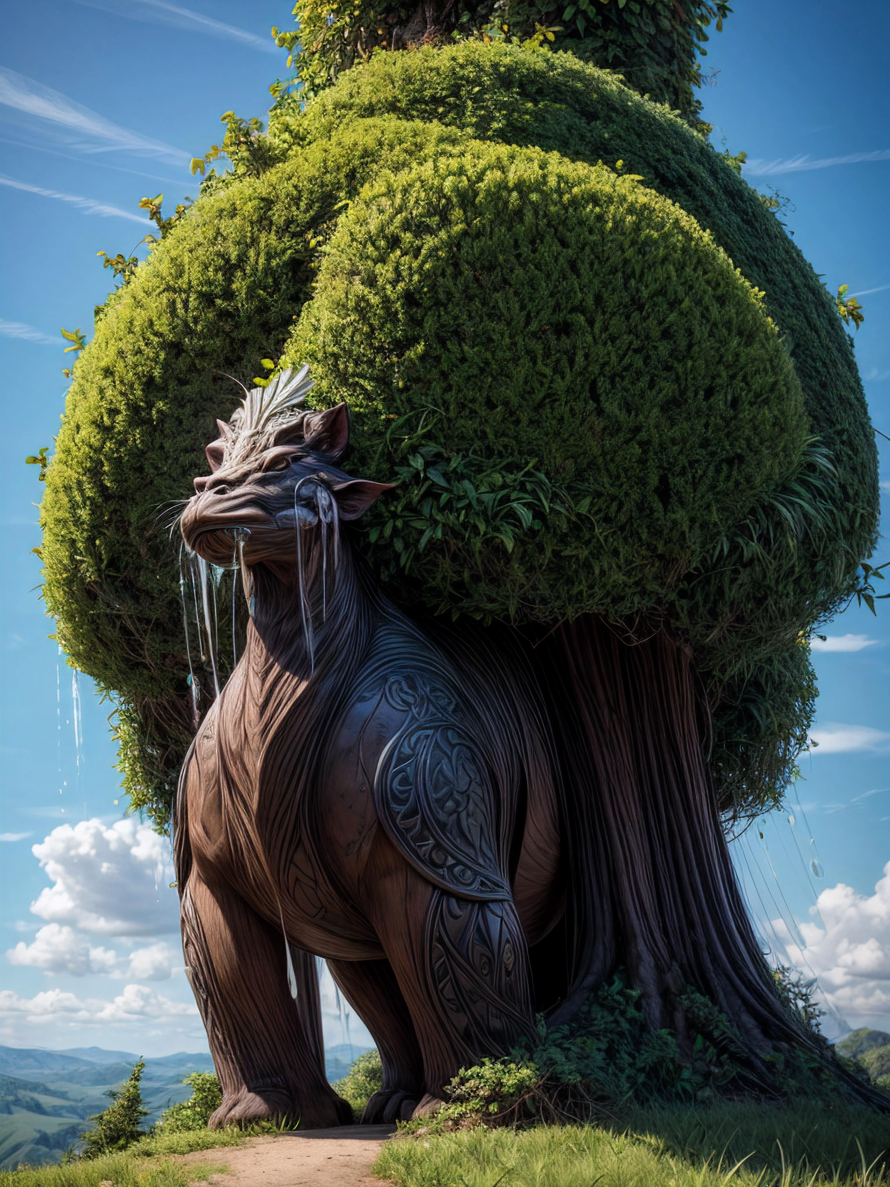 long shot scenic professional photograph of (1man,(ornate fantasy marked skin:1.6)), (ornate:1.3) (muscled:1.1), (ornately engraved embossed:1.4) (polished:0.4) (wooden skin:1.2),( sprouting leaves, small twigs:0.3), dewy skin, sweaty skin, (nice floral hair:0.6), stoic guardian pose, (Spriggan druid warrior:1.1), full body, light orange eyes, fire magic accents, <lora:xl_yamer_style-2.0:1> <lora:theTalosProject_v11:1> <lora:add_detail:2> <lora:SDS_Particle_Flow:0.2> SDS_Particle_Flow <lora:tranzp-sdxl:0.8> tranzp <lora:zoom_slider_v1:-6>, RAW candid cinema, 16mm, color graded portra 400 film, remarkable color, ultra realistic, textured skin, remarkable detailed pupils, realistic dull skin noise, visible skin detail, skin fuzz, dry skin, shot with cinematic camera, perfect viewpoint, highly detailed, wide-angle lens, hyper realistic, with dramatic sky, polarizing filter, natural lighting, vivid colors, everything in sharp focus, HDR, UHD, 64K