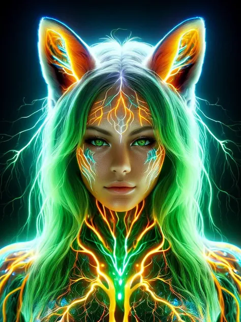 (masterpiece:1.1),(highest quality:1.1),(HDR:1),extreme quality,cg,(negative space),detailed face+eyes,1girl,fox ears,animal ear fluff,(plants:1.18),(fractal art),(bright colors),splashes of color background,colors mashing,paint splatter,complimentary colors,neon,(thunder tiger),compassionate,electric,limited palette,synthwave,fine art,tan skin,upper body,(green and orange:1.2),time stop,sy3,SMM,<lora:tranzp-sdxl:1> tranzp, visible  organs, visible bones