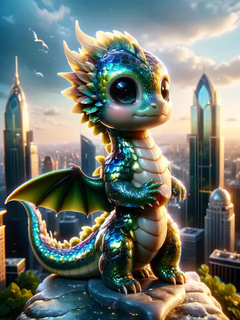 ral-smoldragons, A smol dragon with glossy, mirror-like tranzp scales perched atop a skyscraper, reflecting the bustling city life below in a surreal blend of nature and urban life <lora:ral-smoldragons-sdxl:1>, reflective, HDR, surreal <lora:tranzp-sdxl:1>,<lora:EnvyBetterHiresFixXL01:0:hr=1>