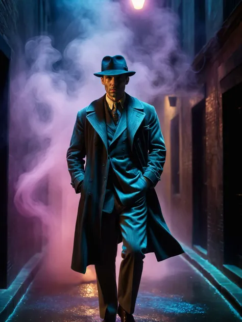 Abstract style, 1man, 1930s private detective with stubble stood in a smoke-filled alleyway, nighttime, tranzp, best quality, ultra high res, colors and shapes, expression of feelings, imaginative, highly detailed <lora:tranzp-sdxl:1>,neon veins across body clothes skin hat ,