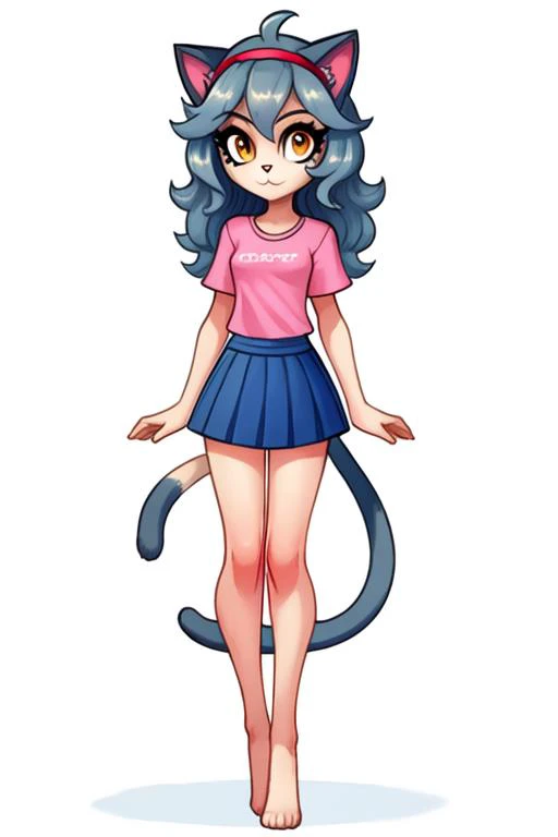 "Rina Delsignore(young woman, golden eyes, blue wavy hair, medium bust, long legs, cat ear headband) wearing (pink t-shirt, blue mini-skirt)