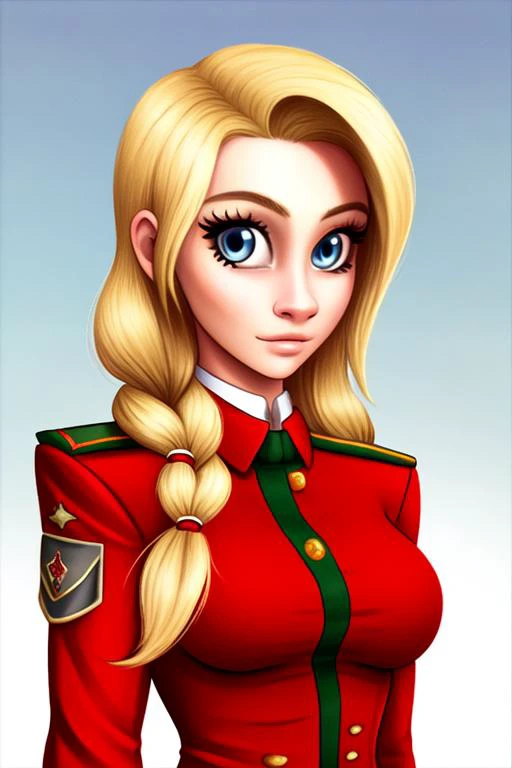 Heidi Velochek(female, , long braided blonde hair, blue eyes, Russian, small bust) Red formal military dress