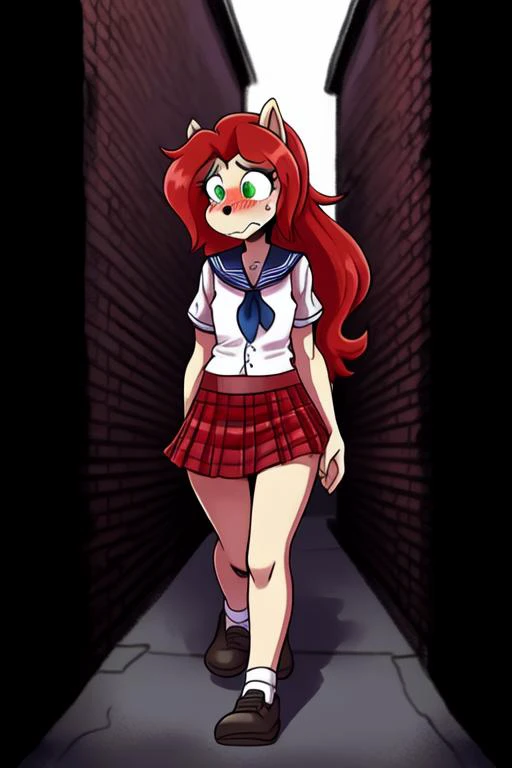 Suzy Cogsworth(long flowing red hair in a long ponytail, green eyes) wearing a school uniform(red plaid mini skirt, white button up short sleeves shirt) Walking down a dark alley, nervous looking