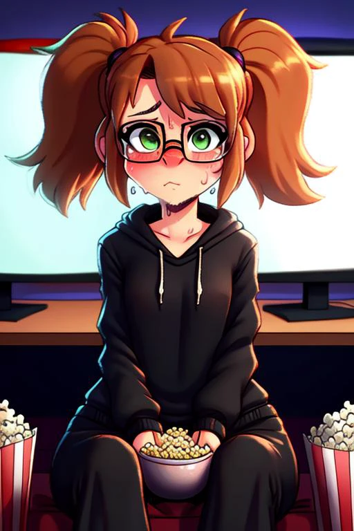 Lola Youngs(cute, innocent, nerdy girl, glasses, extremely detailed brown-green eyes, brown pigtails, petite body, medium bust, medium hips) wearing(Long Oversized hoodie, sweat pants) sitting and watching a TV show, popcorn bowl in lap