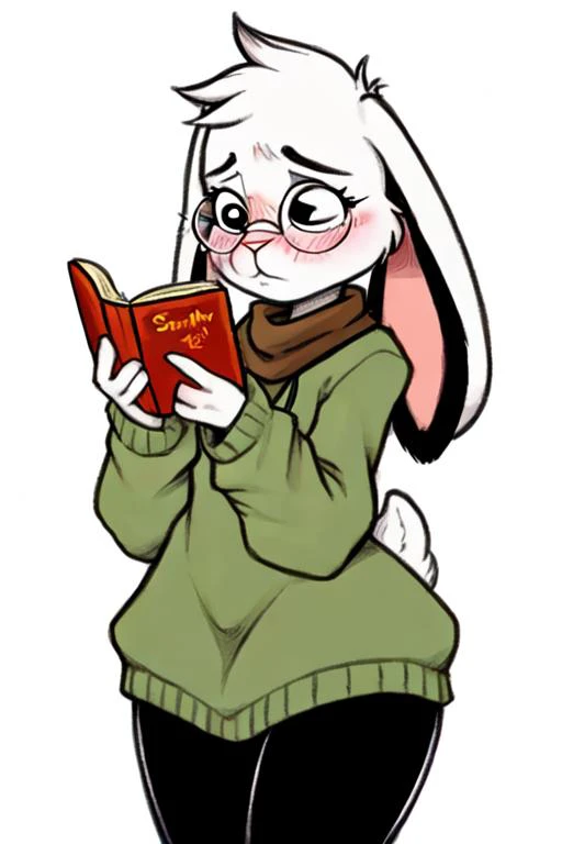 Anna (Tall petite Anthro rabbit, white furred, shy), dressed in an oversized green hoodie, black tights, brown scarf, oval black rimmed glasses, reading a book