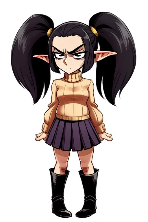 Tappan Vickery(young elf woman, stern look, lithe figure, large bust, lithe legs, Black hair twintails) wearing( cream color Sweater, black pleated skirt, Black knee-high boots)