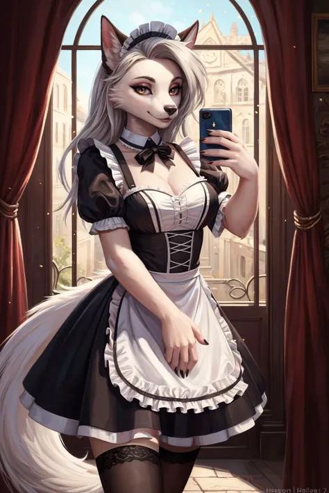 (masterpiece, highest quality, 16k, high quality, best quality:1.3, highres, digital painting \(artwork\), furry, uploaded_on_e621:1.4, detailed background, amazing background, light particles), anthro, female, loona \(helluva boss\), cellphone, detailed fluffy fur, maid uniform