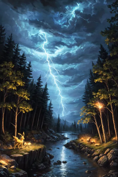 (masterpiece, highest quality, 16k, high quality, best quality:1.3, highres, digital painting \(artwork\), furry, uploaded_on_e621:1.4, detailed background, amazing background, light particles), feral, jolteon, detailed fluffy fur, electricity, lightning, forest, night