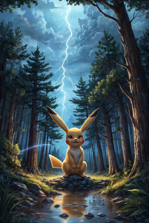 (masterpiece, highest quality, 16k, high quality, best quality:1.3, highres, digital painting \(artwork\), furry, uploaded_on_e621:1.4, detailed background, amazing background, light particles), feral, Pikachu, detailed fluffy fur, electricity, lightning, forest, night