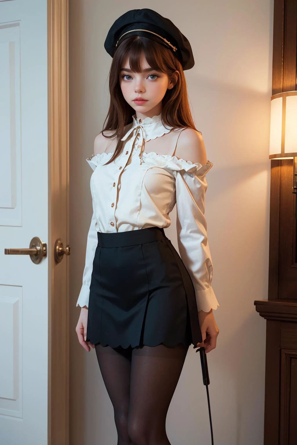 ( detailed realistic background:1),
( official art, beautiful and aesthetic:1 ),
realistic lighting,
cinematic lighting,
hyperrealism,
soothing tones,
muted colors,
high contrast,
soft light,
sharp,
artistic photoshoot,
( cute, petite),
slender,
european,
pale cheeks,
square face shape with angular jaw,
natural "no-makeup" makeup,
big breasts,
nsfw,
wearing Button-down blouse with a scalloped Peter Pan collar and cap sleeves , A-Line Skirt , seamed pantyhose and wraparound heels , Average Height, Narrow Hips, Round Face, Dark Skin, Platinum Blonde Hair, dark brown Eyes, [[Curved Nose]], Pouty Lips, Sharp Chin, Long Hair, Straight Hair, Swept Bangs, small breasts, , lavender cream lipstick, bedroom, main light, graphic light , Full Body  , From Front ,
Bare shoulders, Bare neck, <lora:Sexy-Scottish:0.8> straight red hair, aqua eyes, just face, ,
Guard Room , person