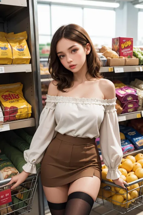 ( detailed realistic background:1),
( official art, beautiful and aesthetic:1 ),
realistic lighting,
cinematic lighting,
hyperrealism,
soothing tones,
muted colors,
high contrast,
soft light,
sharp,
artistic photoshoot,
( cute, petite),
slender,
european,
pale cheeks,
square face shape with angular jaw,
natural "no-makeup" makeup,
big breasts,
,
wearing Wearing a Puff-Sleeve Blouse , Wearing a Mini Skirt and thigh-high with lace trim stockings , , ,
Bare shoulders, Bare neck, <lora:Sexy-Spanish:0.8> brown hair, light brown eyes, ,
Inside a 1950s Supermarket: Lit aisles, colorful packaging, shopping carts,