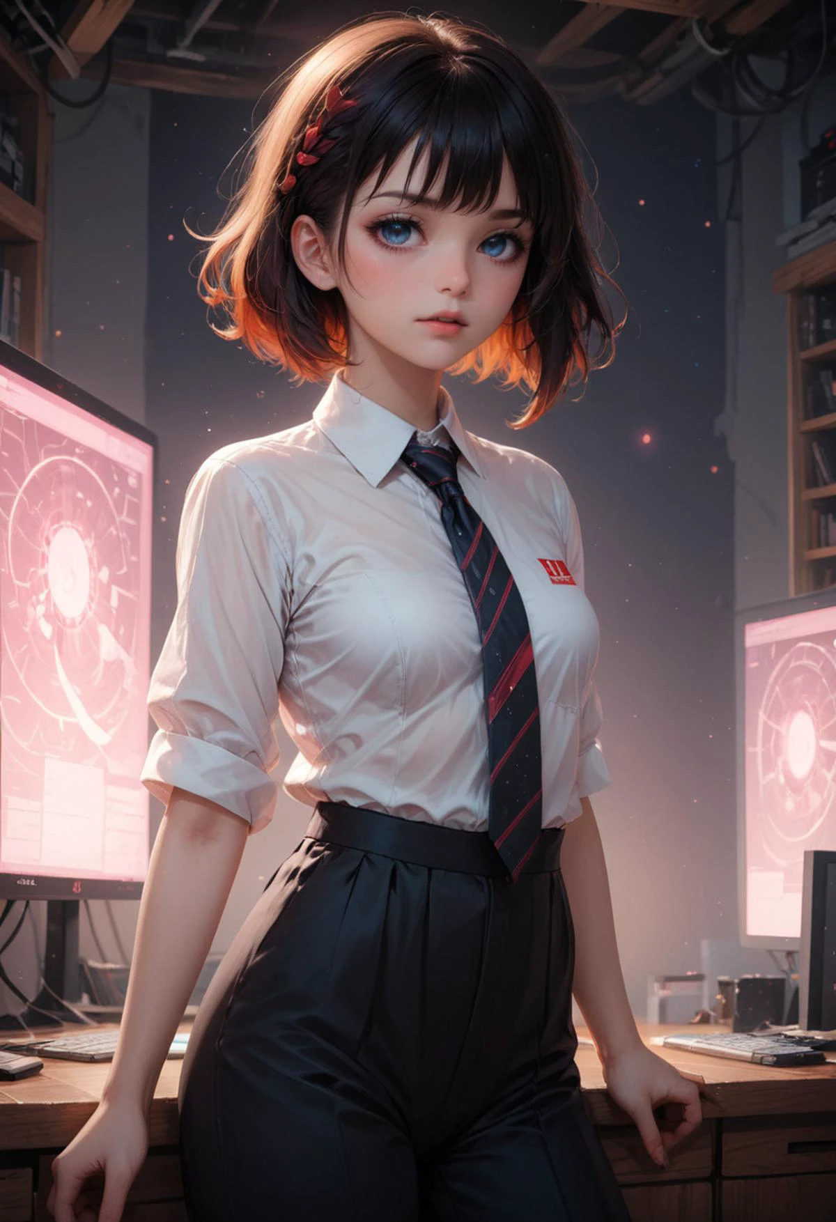 masterpiece,best quality, very aesthetic, absurdres
by Ilya Kuvshinov
realistic cinematic lighting
by Krenz Cushart
1girl aged up
shirt
solo
navel
necktie
long pants
Cosmic modern
fashion
hands