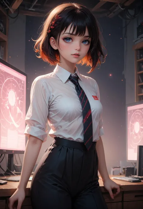 masterpiece,best quality, very aesthetic, absurdres
by Ilya Kuvshinov
realistic cinematic lighting
by Krenz Cushart
1girl aged up
shirt
solo
navel
necktie
long pants
Cosmic modern
fashion
hands