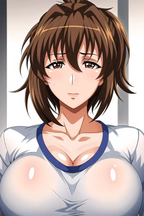 (day),Simple White Background,
Standing at attention,
white shirt,buruma,gym uniform,
<lora:Sayoko_Kagami_HelterSkelter-KK77-V1:0.7>,
brown eyes, brown hair, Bangs,short hair, ponytail, lipstick, 
<lora:Mariana_Luciano_NON_VIRGIN-KK77-V1:0.3>,<lora:more_details:0.1>,
1 girl, 20yo,Young female,Beautiful Finger,Beautiful long legs,Beautiful body,Beautiful Nose,Beautiful character design, perfect eyes, perfect face,expressive eyes,perfect balance,
looking at viewer,(Focus on her face),closed mouth, (innocent_big_eyes:1.0),Light_Smile,
official art,extremely detailed CG unity 8k wallpaper, perfect lighting,Colorful, Bright_Front_face_Lighting,shiny skin, 
(masterpiece:1.0),(best_quality:1.0), ultra high res,4K,ultra-detailed,
photography, 8K, HDR, highres, absurdres:1.2, Kodak portra 400, film grain, blurry background, bokeh:1.2, lens flare, (vibrant_color:1.2),professional photograph, 
(Beautiful,large_Breasts:1.4), (beautiful_face:1.5),(narrow_waist),