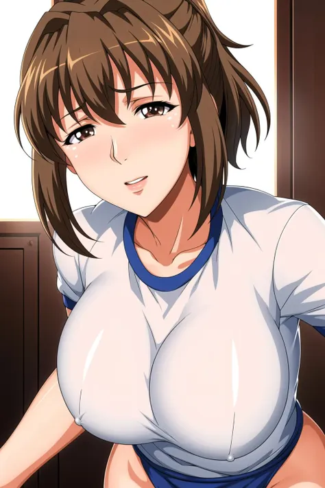 (day),Simple White Background,
Standing at attention,
white shirt,buruma,gym uniform,
<lora:Sayoko_Kagami_HelterSkelter-KK77-V1:0.7>,
brown eyes, brown hair, Bangs,short hair, ponytail, lipstick, 
<lora:Mariana_Luciano_NON_VIRGIN-KK77-V1:0.3>,<lora:more_details:0.1>,
1 girl, 20yo,Young female,Beautiful Finger,Beautiful long legs,Beautiful body,Beautiful Nose,Beautiful character design, perfect eyes, perfect face,expressive eyes,perfect balance,
looking at viewer,(Focus on her face),closed mouth, (innocent_big_eyes:1.0),Light_Smile,
official art,extremely detailed CG unity 8k wallpaper, perfect lighting,Colorful, Bright_Front_face_Lighting,shiny skin, 
(masterpiece:1.0),(best_quality:1.0), ultra high res,4K,ultra-detailed,
photography, 8K, HDR, highres, absurdres:1.2, Kodak portra 400, film grain, blurry background, bokeh:1.2, lens flare, (vibrant_color:1.2),professional photograph, 
(Beautiful,large_Breasts:1.4), (beautiful_face:1.5),(narrow_waist),