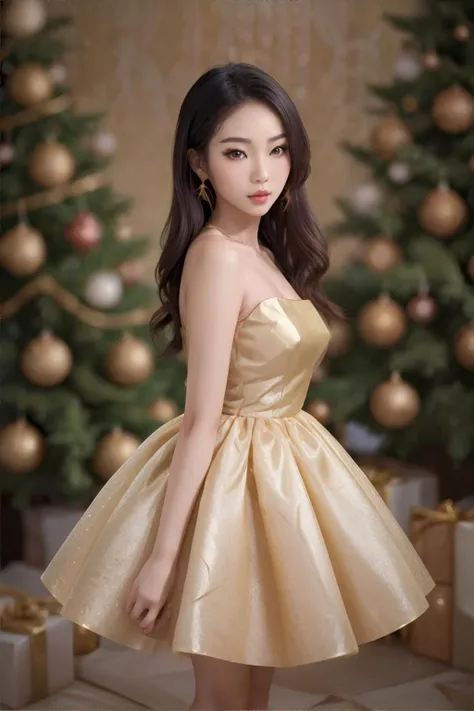<lora:elegantdresses-puff:0.5>, sexy asian woman wearing gold puff_dress, (red|green|gold) christmas decor, (blurred|interior) background, masterpiece, 8k, high resolution, shallow depth of field, sharp focus