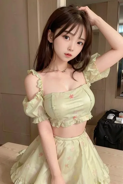 <lora:betterCuteAsian03:0.3>, woman posing for a photo, (wearing puff_dress, wearing crop_top_dress:1.3), green puff_dress,
good hand,4k, high-res, masterpiece, best quality, head:1.3,((Hasselblad photography)), finely detailed skin, sharp focus, (cinematic lighting), collarbone, night, soft lighting, dynamic angle, [:(detailed face:1.2):0.2],(((5 stars hotel))), outside,     <lora:puff_dress-10:0.5> <lora:crop_top_clothing:0.4>