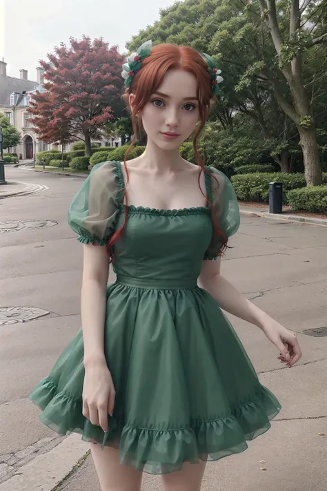realistic, photo, beautiful, 21_years_old, pretty, wearing puff_dress, red hair, emerald dress, Irish face, <lora:puff_dress:0.5>