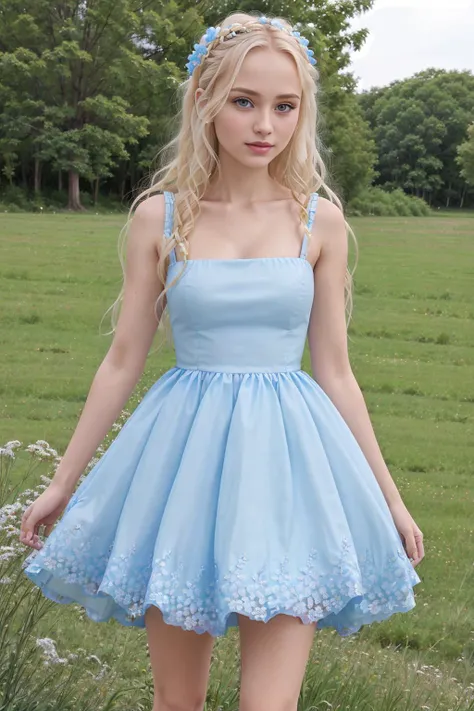 realistic, photo, beautiful, 21_years_old, pretty, wearing puff_dress, blonde hair, blue dress, Ukrainian face, <lora:puff_dress:0.5>