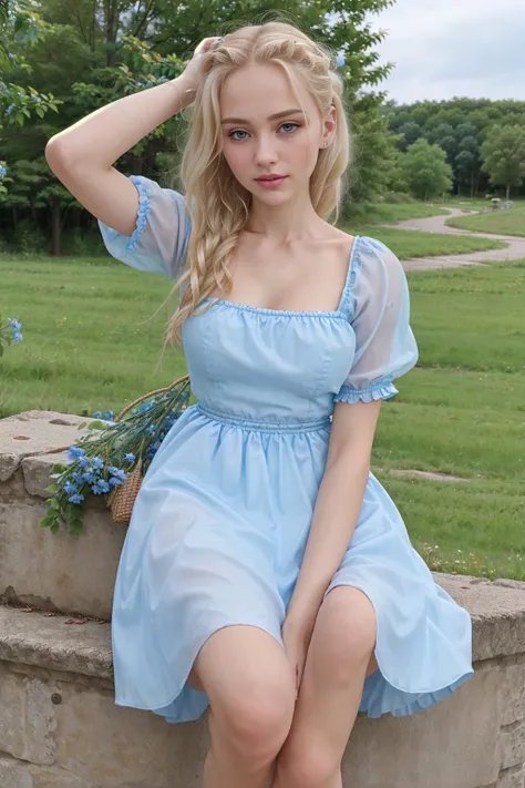 realistic, photo, beautiful, 21_years_old, pretty, wearing puff_dress, blonde hair, blue dress, Ukrainian face, <lora:puff_dress:0.5>