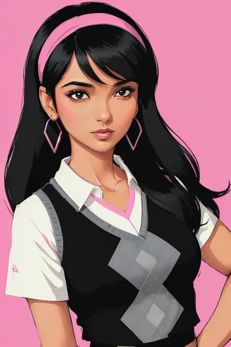 (illustration), cover art, (((minimalist))), (stylized), (high contrast), a beautiful woman, [dilsh4d_v4ds4r1a], with long black hair, lipstick, eyeshadow, blush, pink yellow highlights, pink and gray tight argyle vest, white collared shirt, hairband, lively, earrings, looking at viewer, close-up, abstract, geometric, ((outdoor city)) background, fashion, expressive, vibrant, ((portrait)), ((upper body shot)), side (face). messy, shirt tucked, <lora:argyle_top:0.7> <lora:anime_minimalist_v1:0.5>