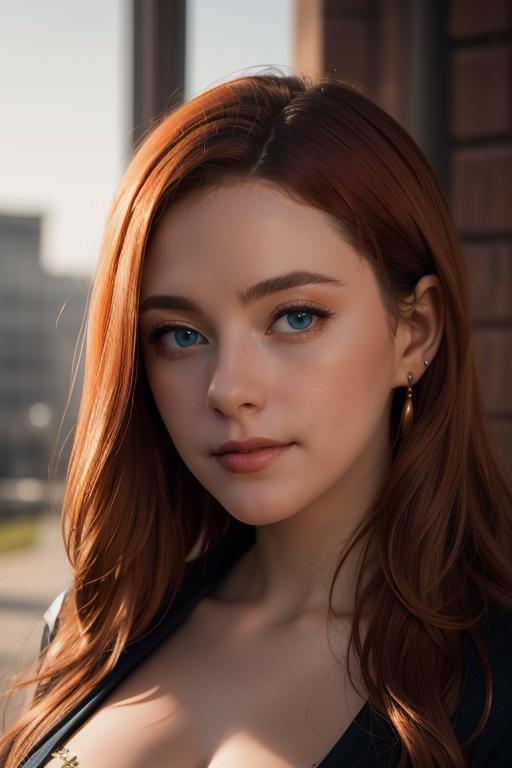 A woman with red hair and blue eyes posing for a picture - SeaArt AI