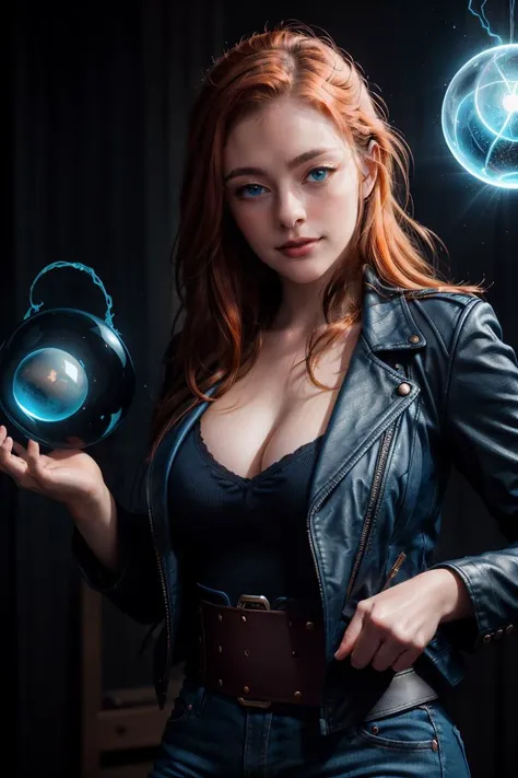 Danielle Rose Russell, <lora:daniellerussell:1>, (waist portrait, upper body:1.4),
(1 A sharp woman, 25 years old, looks at the camera:1.4), leather jacket, T-shirt, jeans,
a beautiful girl with long red hair, hairstyle, hair combed back, developing hair, ( red | orange hair),
(bright blue eyes, shining eyes:1.2), a slight squint, wrinkles around the eyes, a slight smile,
<lora:magician_beta_1:0.6>,
magician, spell magic, ((magic in hand)), (using dark magic, Blue ball of magic, blue magic:1.4) , magician,(masterpiece, best quality:1.4),(absurdres, highres, ultra detailed:1.2), imaginative overlays, artistic fusion,fantastical scenes, evocative narratives, striking visuals,