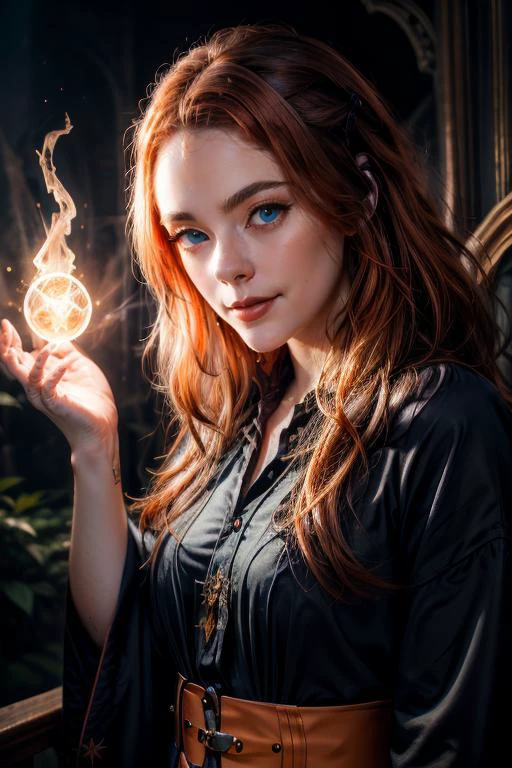 Danielle Rose Russell, <lora:daniellerussell:1>, (waist portrait, upper body:1.4),
(1 A sharp woman, 25 years old, looks at the camera:1.4),
a beautiful girl with long red hair, hairstyle, hair combed back, developing hair, ( red | orange hair),
(bright blue eyes, shining eyes:1.2), a slight squint, wrinkles around the eyes, a slight smile,
(witchcore, witchcraft, pagan, mystical, nature, occult) , magician,(masterpiece, best quality:1.4),(absurdres, highres, ultra detailed:1.2), imaginative overlays, artistic fusion,fantastical scenes, evocative narratives, striking visuals,
<lora:magician_beta_1:0.8>,
magician, spell magic, ((magic in hand)), (using dark magic:1.4) ,
<lora:Furtastic_Detailer:1=0.7>