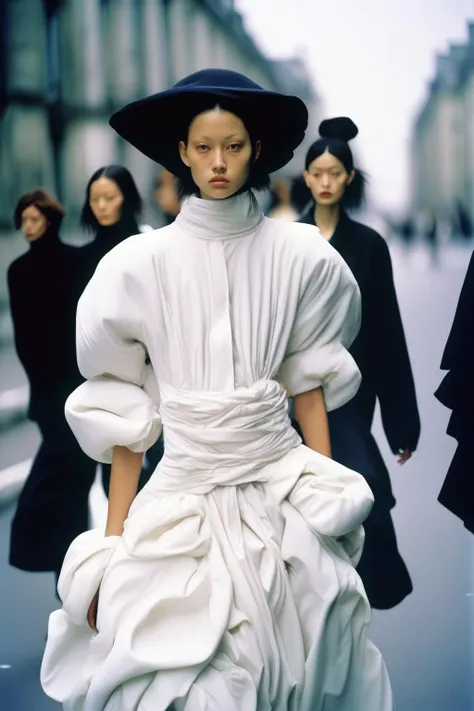 <lora:Avant-garde Fashion:1>Avant-garde Fashion - streetstyle photograph of a runway model puffy in paris clothes from spring 1999, Yohji Yamamoto's featured a distinctive aesthetic that combined design elements with a monochromatic color scheme. In this specific runway photo, the garments showcased are white. midi dress portra 400
