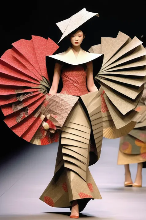 <lora:Avant-garde Fashion:1>Avant-garde Fashion - Model walking fashion catwalk, wearing sculptural origami paper fans, folded paper fans hat, traditional japanese patterns