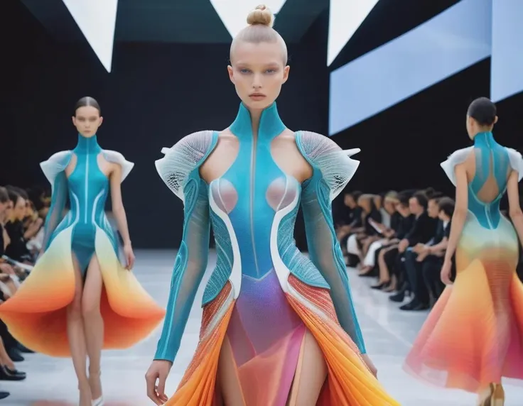 (masterpiece, best quality, hyper realistic, raw photo, photorealistic, ultra detailed, extremely detailed, intricately detailed), Avant-garde Fashion, haute couture fashion catwalk, surreal, very striking height of beauty, advanced new design technology, paris fashion week on a catwalk in paris fashion week 2050, futuristic fashion that offers extreme aesthetics, Future fashion, with timeless beauty and functionality, supermodel, Only one person appears in each cut, In a futuristic ballroom made of crystal and holograms, a model dances wearing a dress that seems to be made of living light, Every movement she makes sends ripples through her gown, creating symphonies of colors and patterns, The ambient light in the room adjusts in real-time to complement her aura, <lora:Avant-garde Fashion:0.7>, glide_fashion,<lora:Glide_fashion_sdxl:0.3>, A new level of fashion created using new material technology,