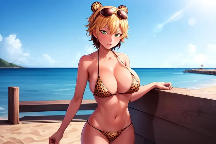 ((Seductive Anime lady:1.3, solo:1.5))、((fusion of leopard and lady:1.4))、((all fours:1.2, full body))、((arched back:1.3))、((yellow color, thong1.2))、((wedgie))、((dark skin))、blonde hair、((looking up at viewer:1.2))、((from above:1.2))、((Being in jungle:1.3))、erect nipples、((crop top navel:1.2))、((cleavage))、((Slender body))、((sleeveless:1.2))、((collarbone))、Glossy realistic skin texture、shiny skin、masterpiece, ultra-detailliert, 8k, hiquality, Top image quality, Smooth texture、watercolor