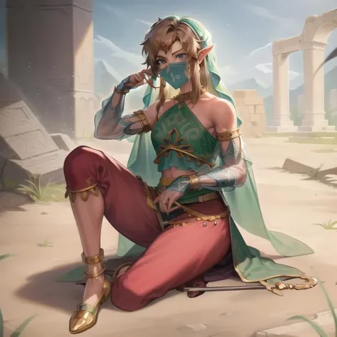 masterpiece, best quality, realistic, earrings, femboy, [[veil in front of face]], ancient ruins, <lora:gerudo_set_V1:0.8>, gerudo_set, highly detailed, beautiful, front view, full body, holding sword, skirt, sitting down