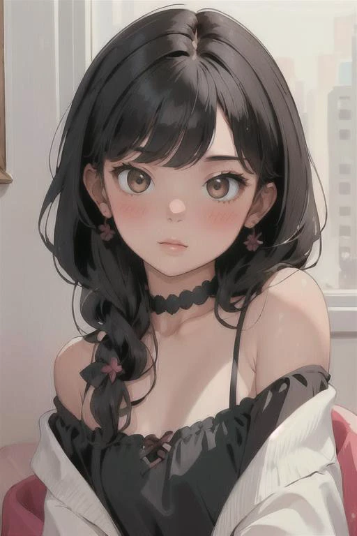 (masterpiece, best quality), 1girl, off shoulder, blush, alternate hairstyle, looking at viewer, pattern, bangs, <lora:BeenUV1:0.85>