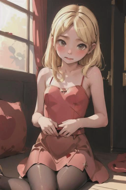 <lora:BeenUV1:.95>, beenu,masterpiece, best quality, 1girl, blonde hair, red dress, pantyhose, cute face, blush,