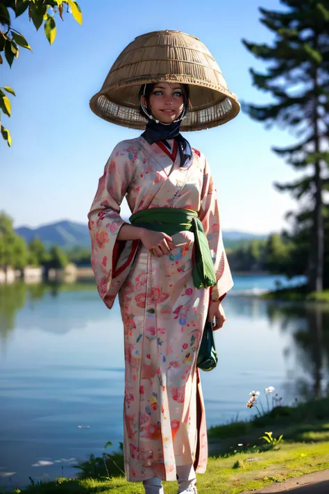 orin, black hair, blue eyes, glowing eyes,basket over head,kimono, long sleeves, floral print, chin strap, looking at viewer, smiling, full body shot, standing, outside, lake, trees, shrine, sunny, high quality, masterpiece, <lora:Orin:.7>